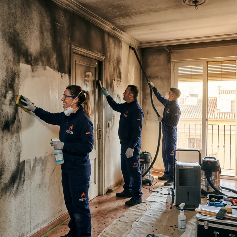 Equipo de Limpieza de Incendios Fénix limpiando una vivienda tras un incendio